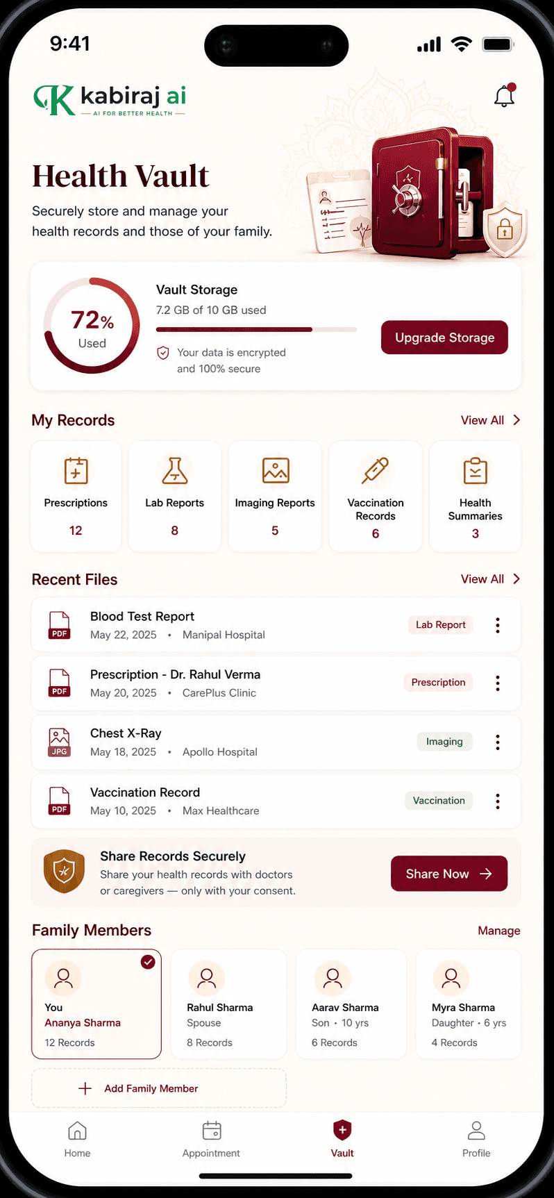 Kabiraj Health Vault screen