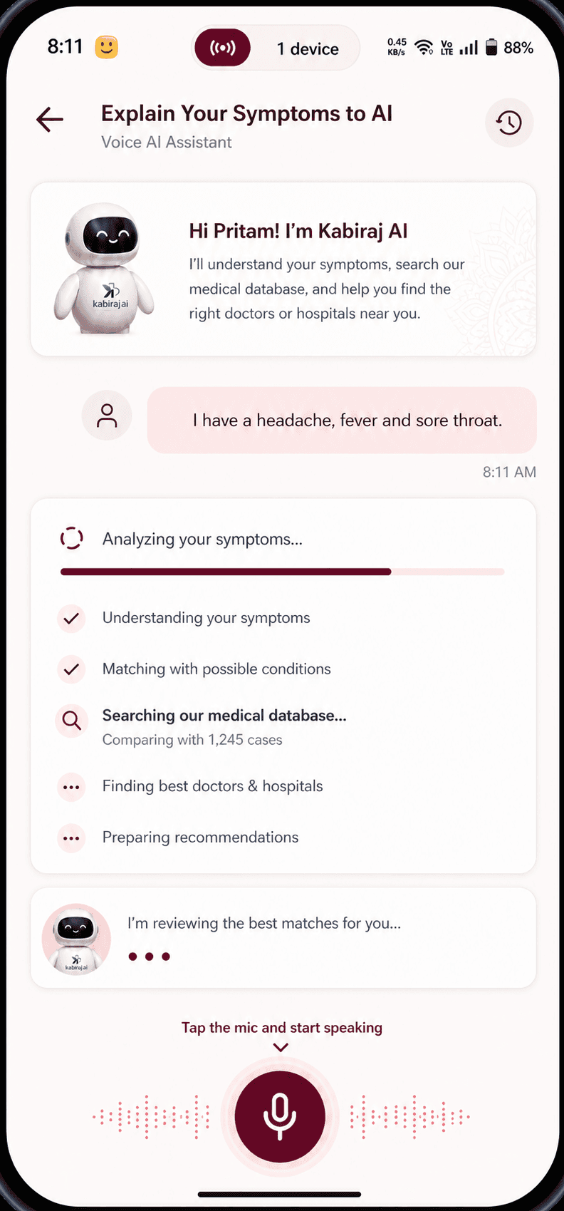 Kabiraj AI symptom intelligence screen